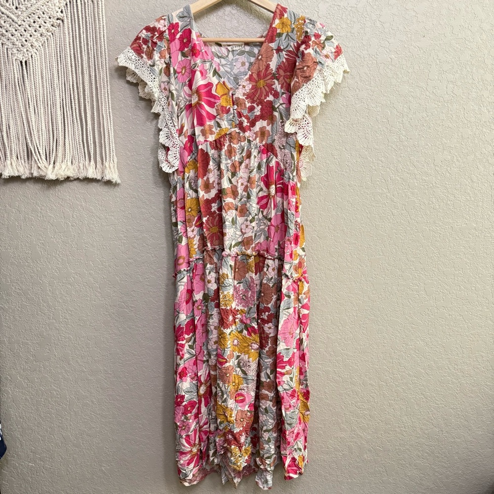 Floral V-Neck Midi Dress with Crochet Sleeves - Pink Multi